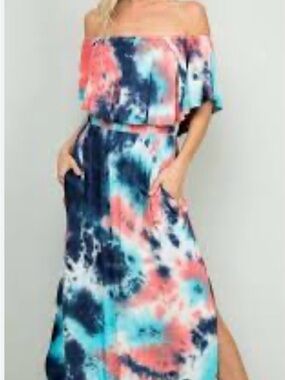 Off-Shoulder Tie-Dye Maxi Dress in Coral, Teal & Navy